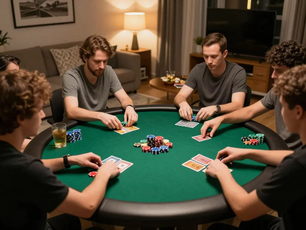 Players enjoying a competitive poker night at home, showcasing strategic gameplay with snk88.