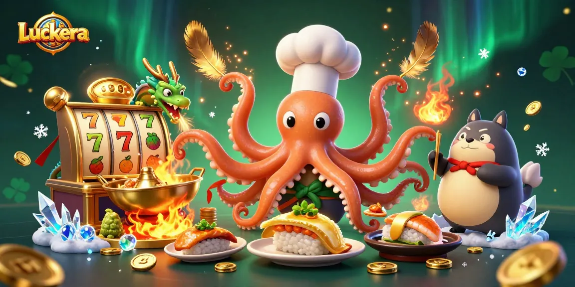 Experience Luckera's thrilling atmosphere featuring a vibrant sushi chef octopus and dragon in a spectacular casino setting.