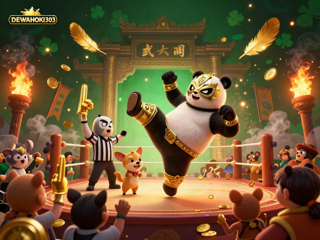 DEWAHOKI303 mempresentasikan pertarungan ceria dengan panda pegulat melakukan tendangan terbang di arena.