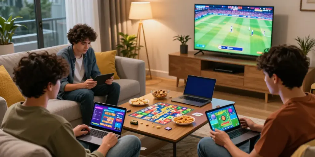 Engaged players enjoying Bingo 101 app on smartphones in a lively living room.