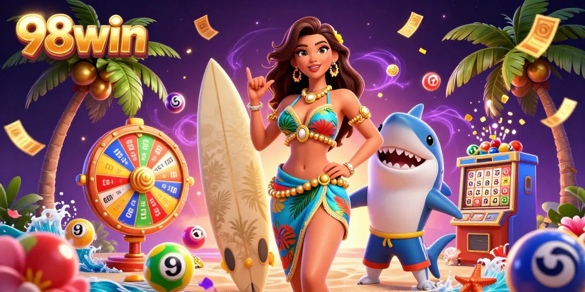 Join the excitement of winning with 98win's tropical-themed gaming adventure featuring vibrant lottery elements.
