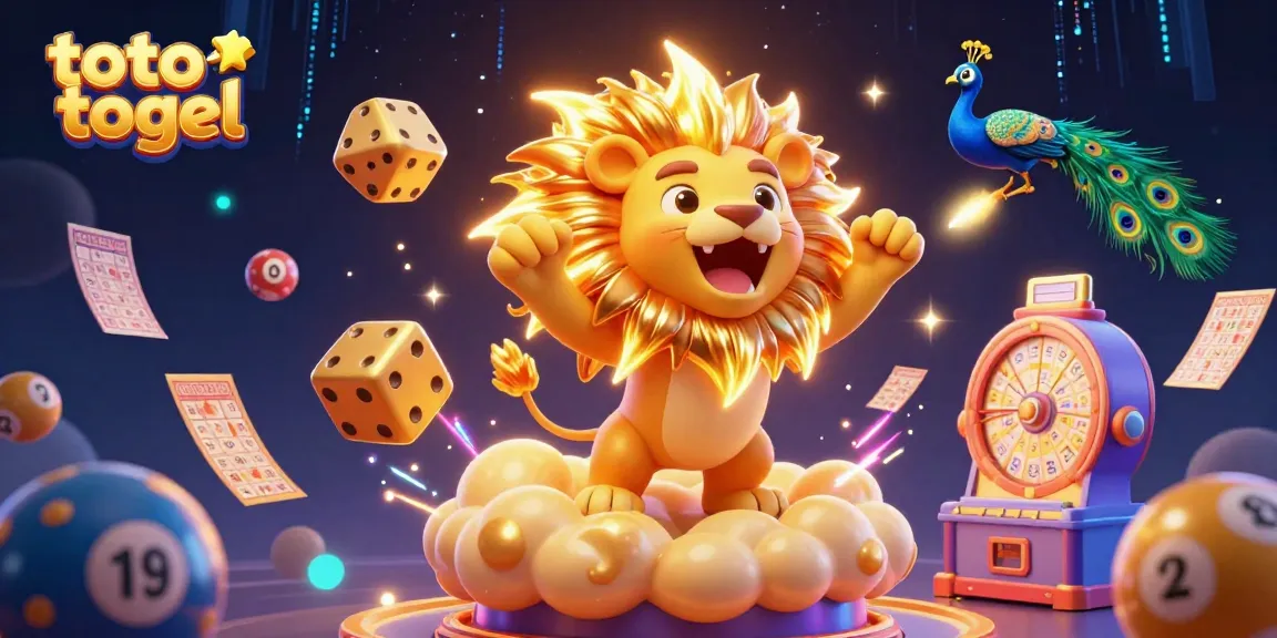 Experience the excitement of toto togel with vibrant 3D elements featuring a roaring lion, golden dice, and lottery symbols.