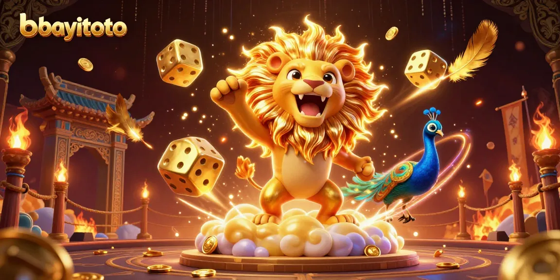 Experience the thrill with bayitoto's vibrant online casino scene featuring a roaring lion and golden dice.