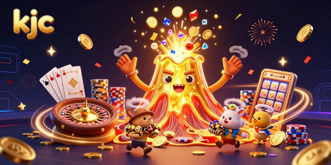 KJC's colorful illustration of a victorious golden volcano, treasure, and casino excitement erupting in a dazzling scene.