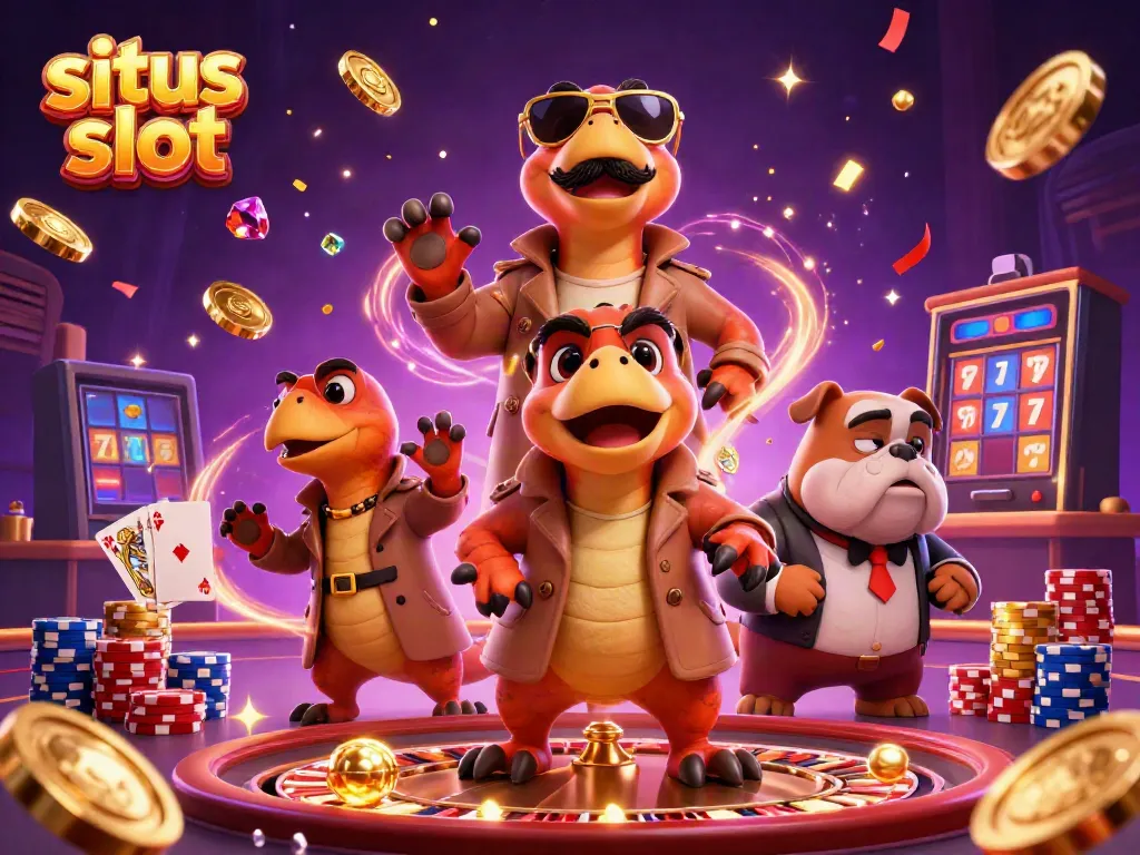 Slot gacor hari ini terlihat dari tiga raptor dalam jas, dikelilingi koin emas di kasino.