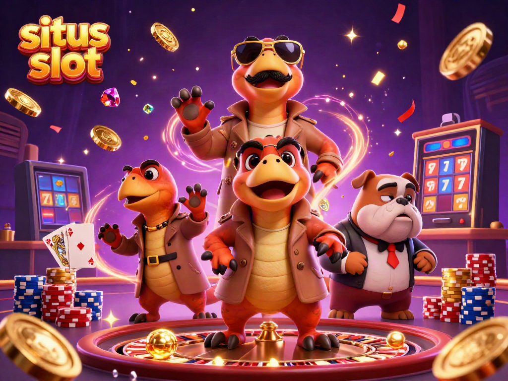 Slot gacor hari ini terlihat dari tiga raptor dalam jas, dikelilingi koin emas di kasino.