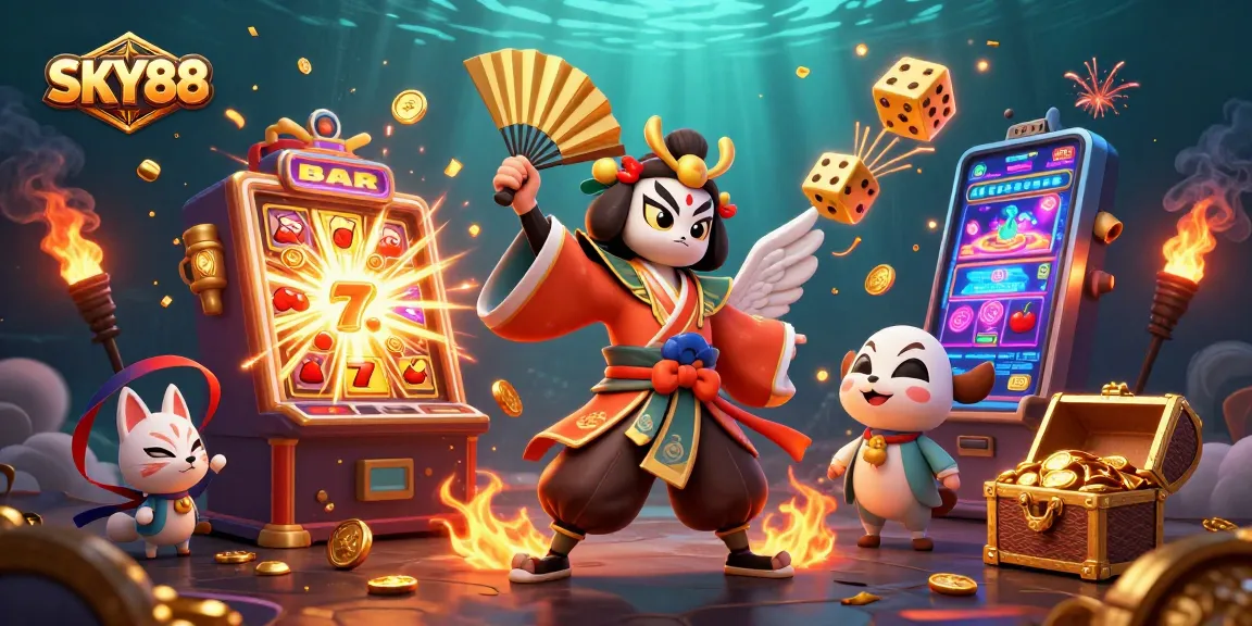 Experience the thrilling world of SKY88 with a dynamic casino illustration featuring kabuki characters and rich gambling elements.