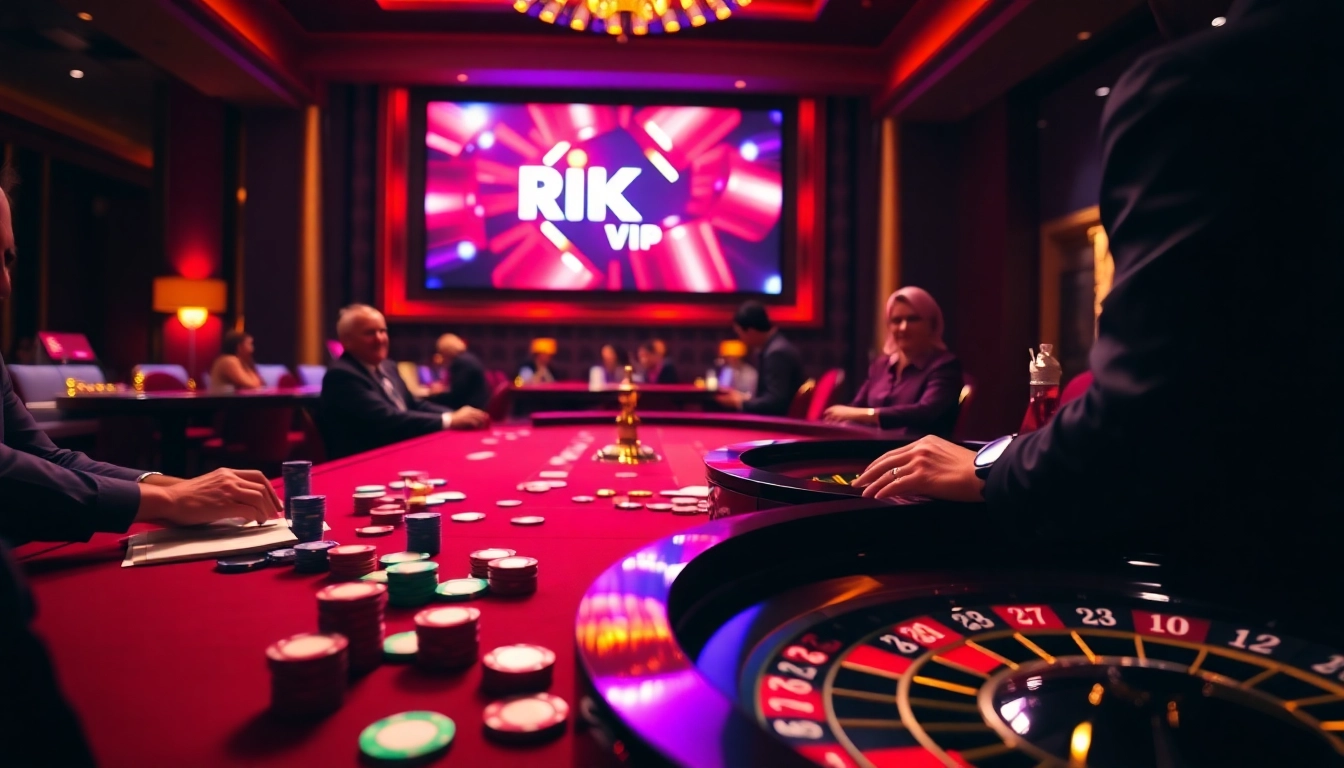 Excited players engage with RIK VIP games at a luxurious casino table filled with poker chips.