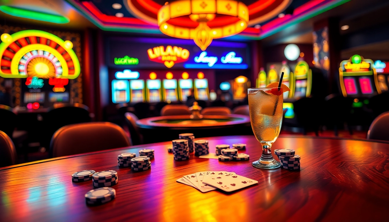 Luckywin-themed poker table with chips, cards, and cocktails in a vibrant casino ambiance.