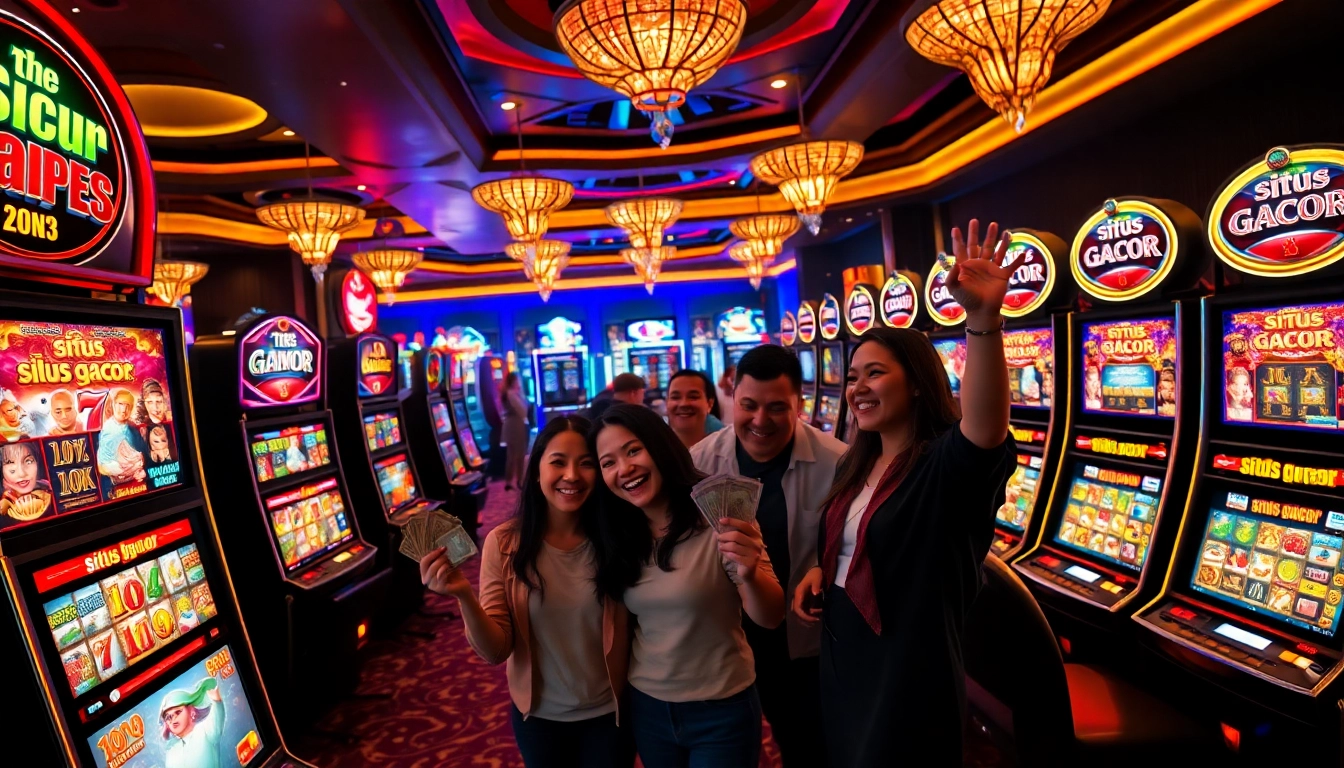 Celebrating a big win at a situs gacor slot machine with vibrant colors and joyful players.