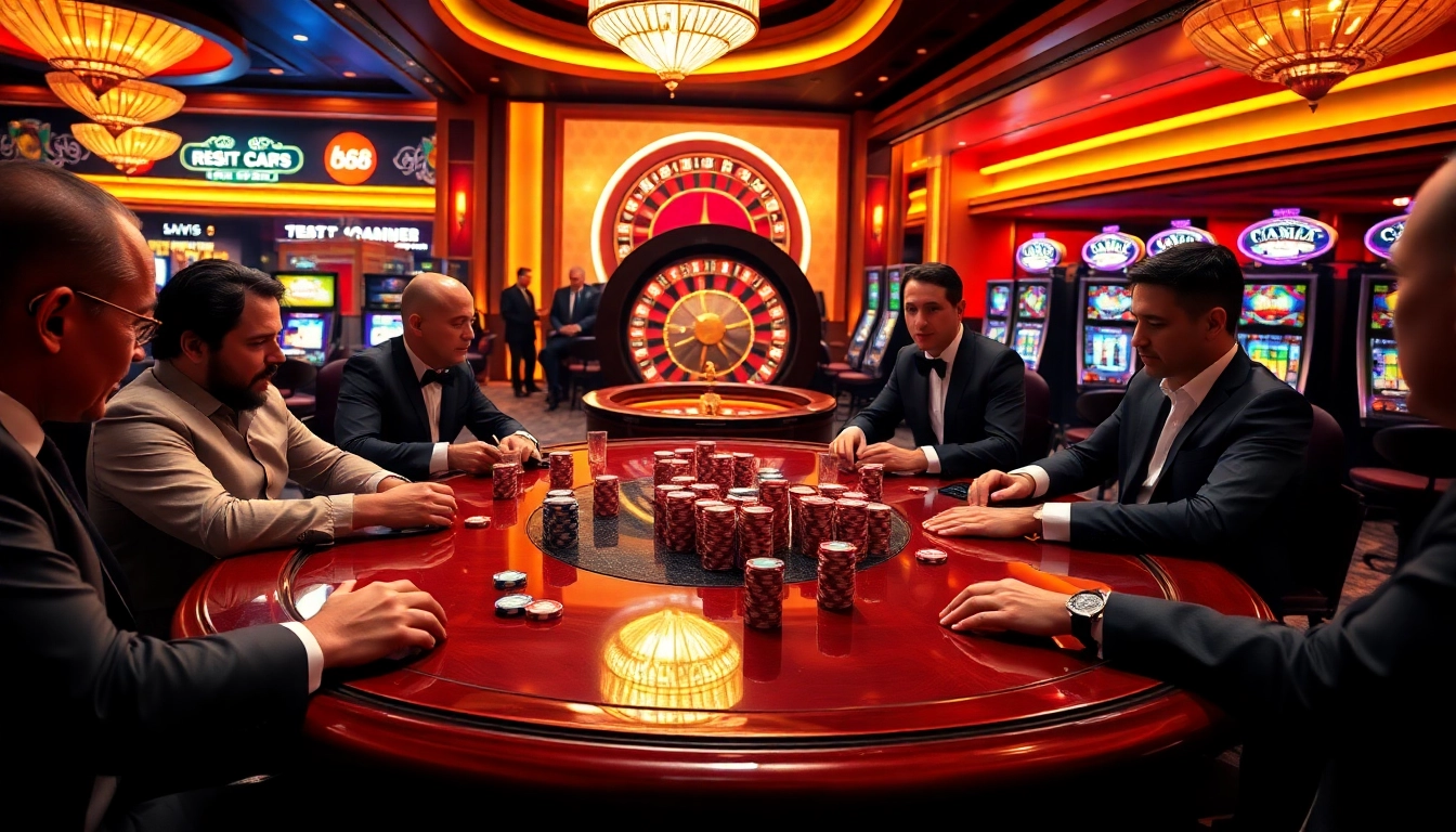 Experience the excitement of bet 88 at a luxurious casino with poker tables and vibrant slot machines.