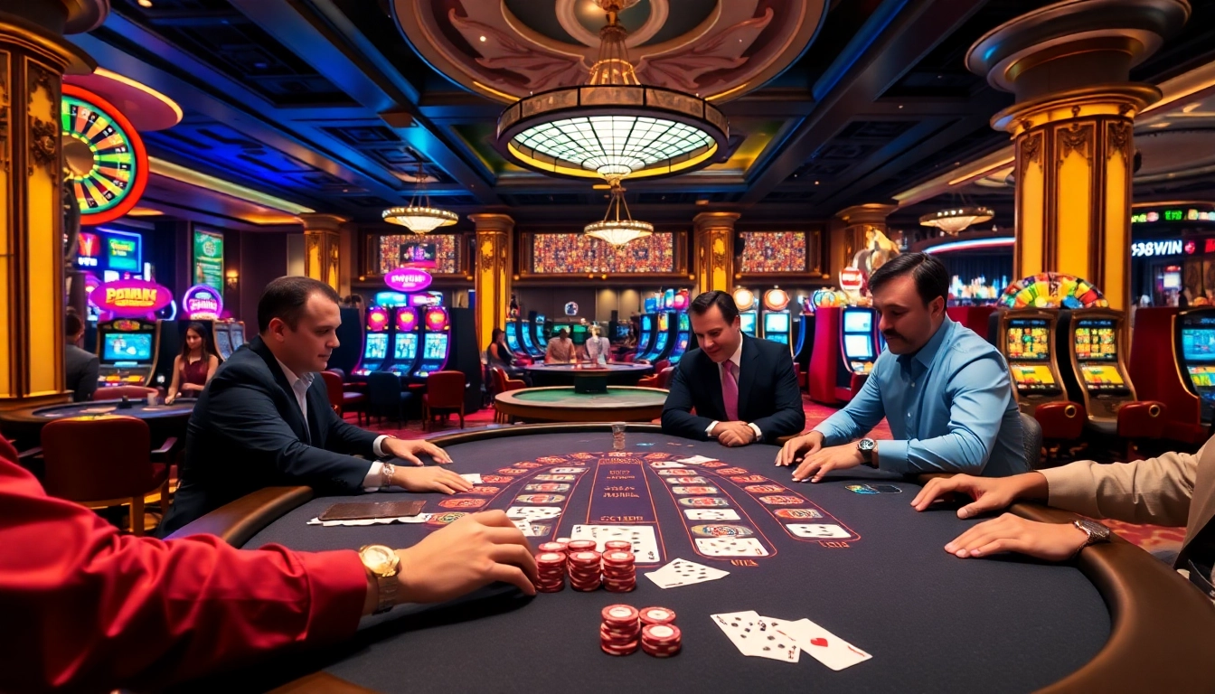 Experience the thrill of 98win com with players enjoying a glamorous blackjack game in a lively casino setting.
