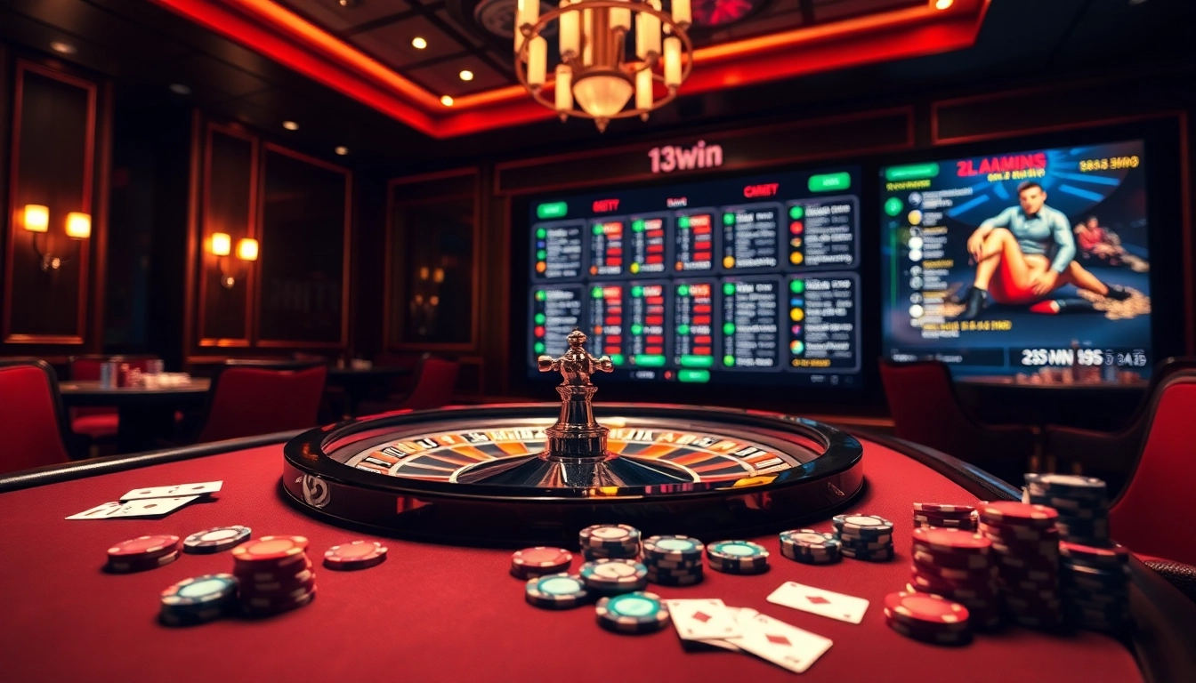 Experience the thrill of 13Win with luxurious casino tables and online gambling scenes.