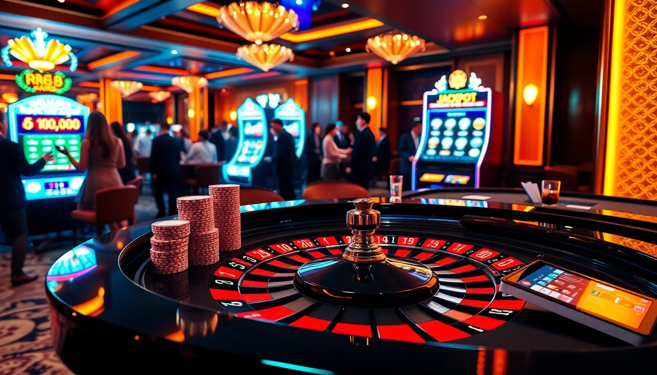 Experience the excitement of RR88 with a luxurious casino scene featuring poker chips, roulette, and vibrant slots.