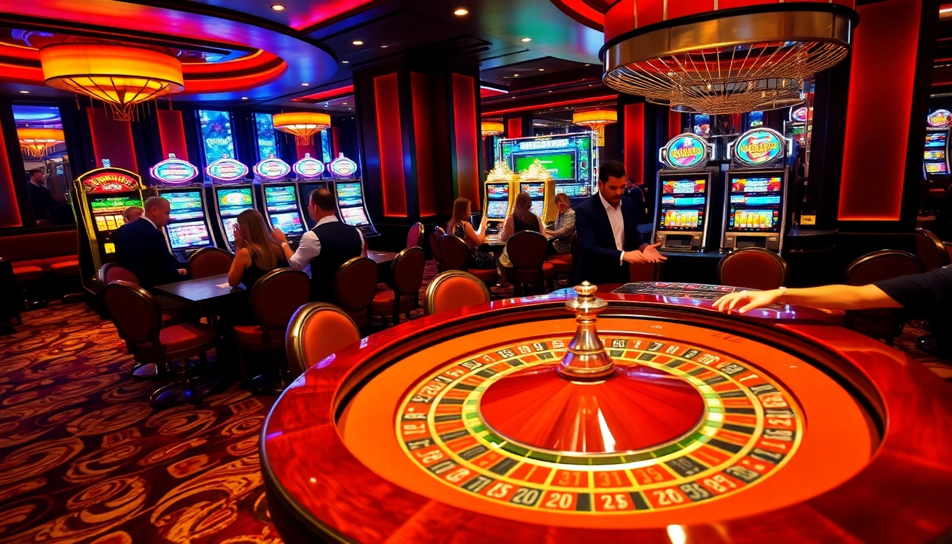 SODO CASINO players enjoying lively games at a roulette table and slot machines in a luxurious setting