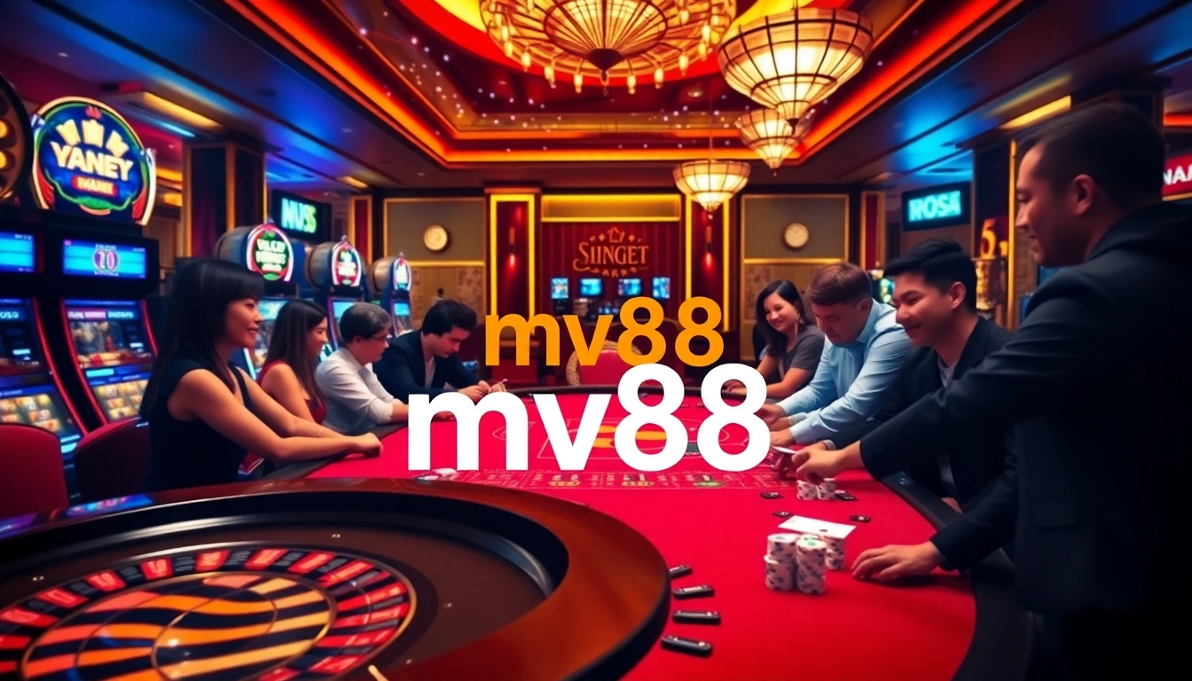 Excited players at MV88 gaming table enjoying poker in a luxurious casino atmosphere.