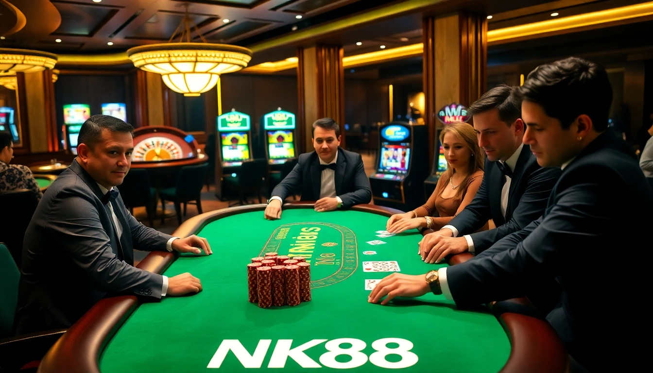 Players enjoying a thrilling game at an NK88 branded poker table in a luxurious casino.