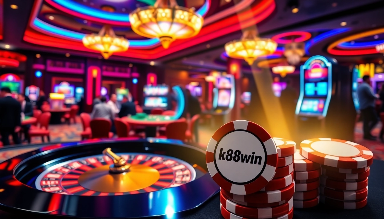 Enthusiastic players at a luxurious casino with k88win logo on poker chips, enjoying high-stakes gaming.