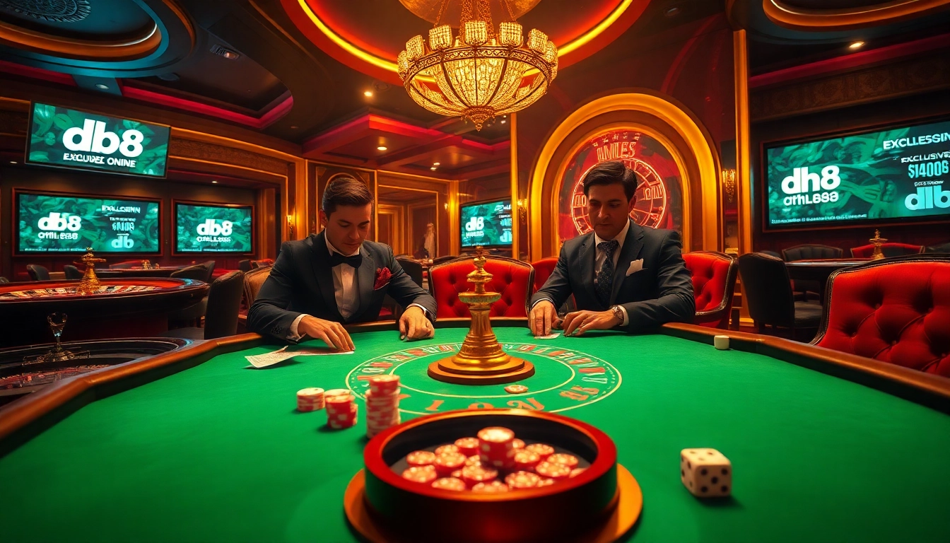 Two players intensely focus on a card game, surrounded by luxurious casino elements, with dh 88 promotions in the background.