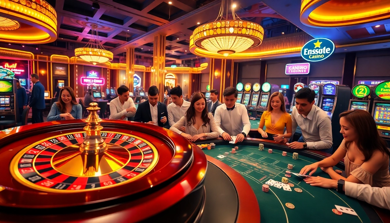 Gamblers enjoying a thrilling night at the luxurious casino, inspired by https://rr9957.com/.