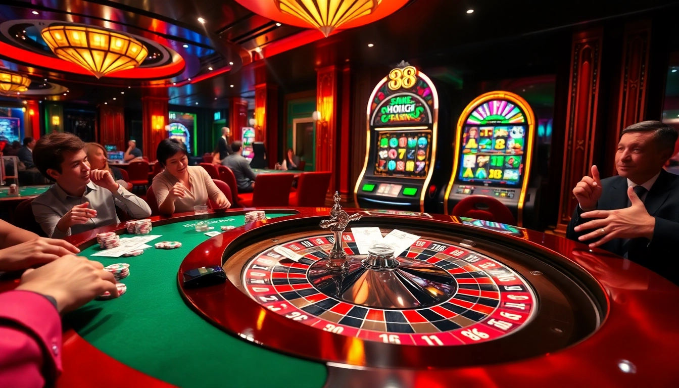 Exciting scene at RR 88 casino featuring roulette, poker chips, and vibrant slot machines.