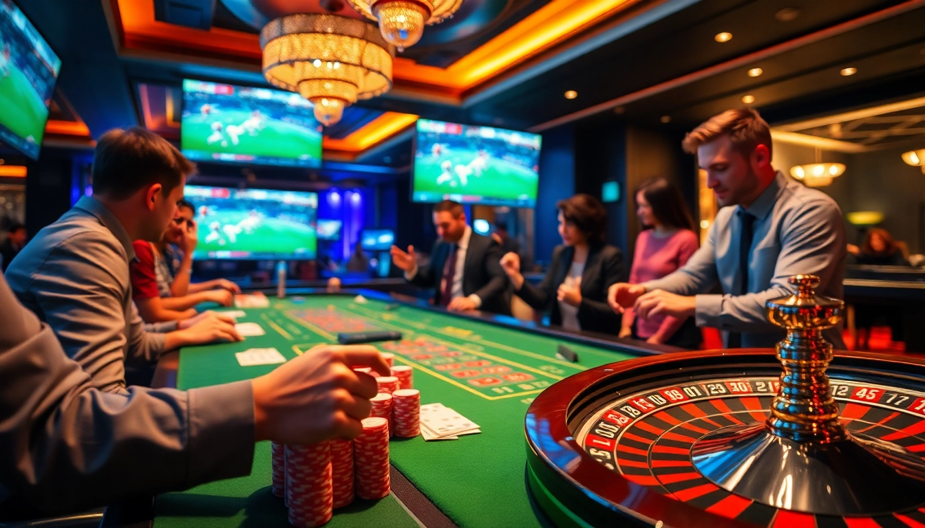 Exciting betting scene showcasing Judi Bola Resmi action with vibrant casino elements and eager gamblers.