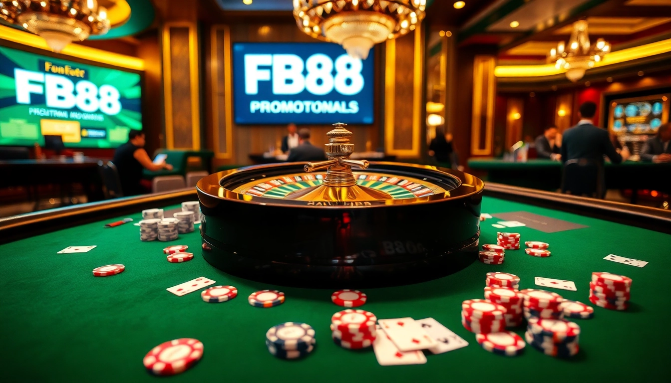 Experience the excitement of FB88 casino gaming with vibrant poker chips and roulette wheel.