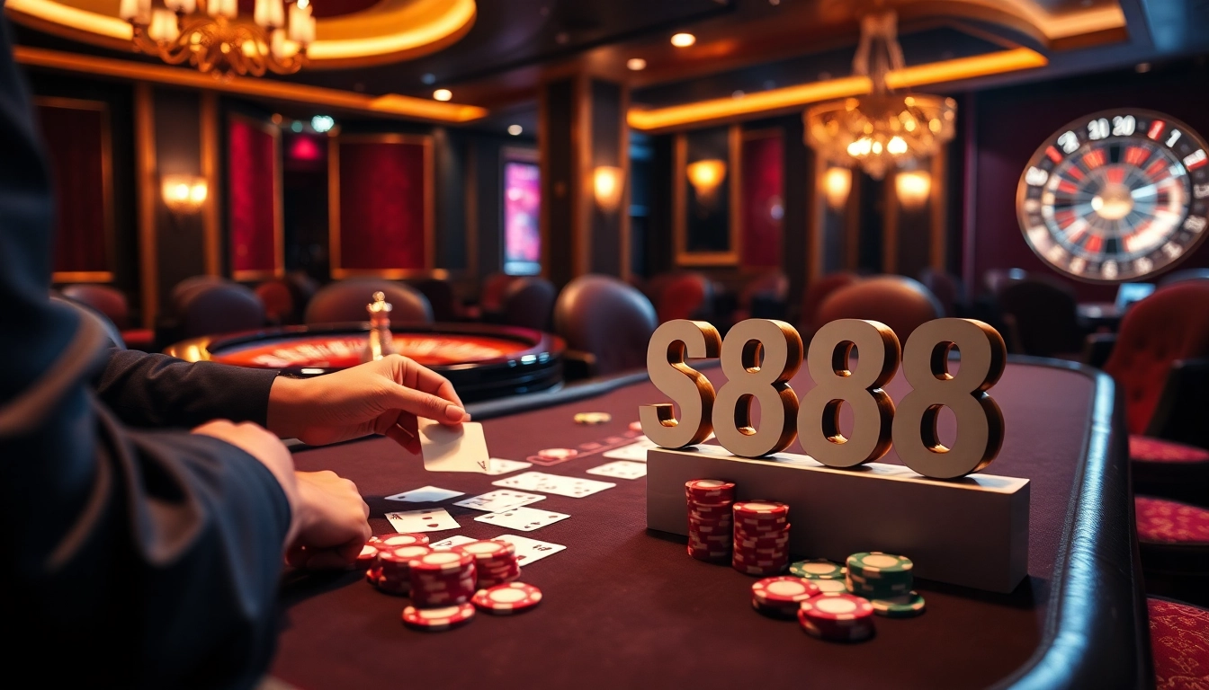 Experience high-stakes gambling at sx 88's luxurious poker table with vibrant chips and cards.