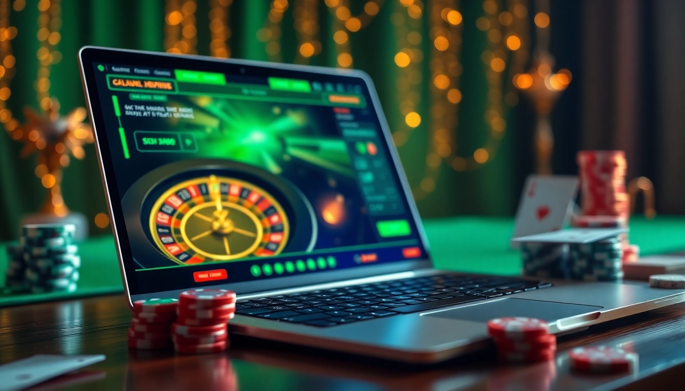 Engaging scene of keonhacai5 with a luxurious online gambling interface featuring roulette, poker chips, and betting slips.