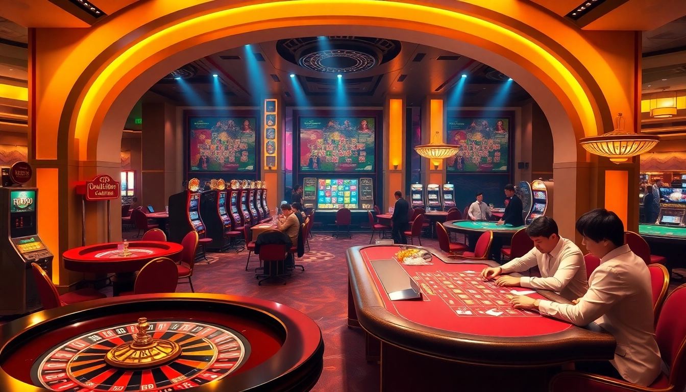 Experience the thrill of Nhà cái RR99 with a vibrant casino scene featuring roulette, poker, and slot machines.