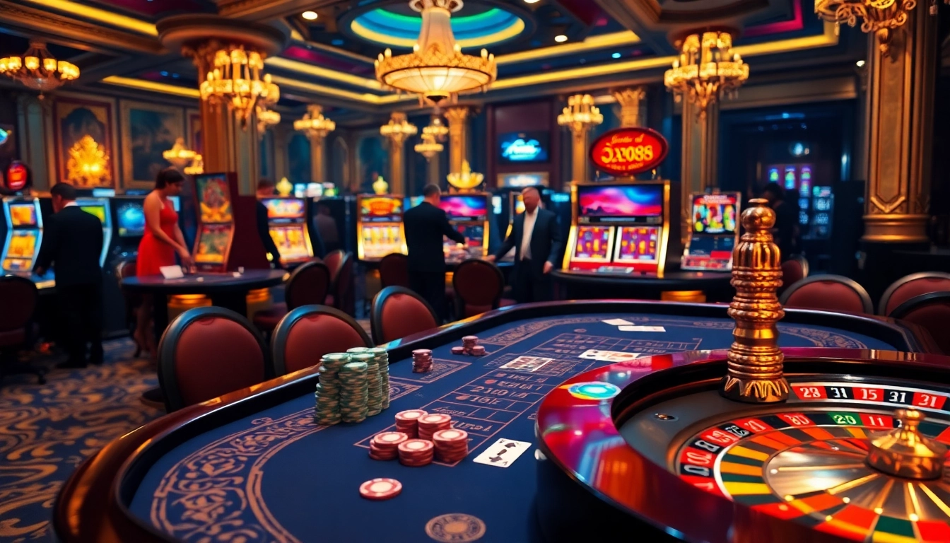 Engaging casino scene showcasing nhà cái XX88 with vibrant roulette and card games.