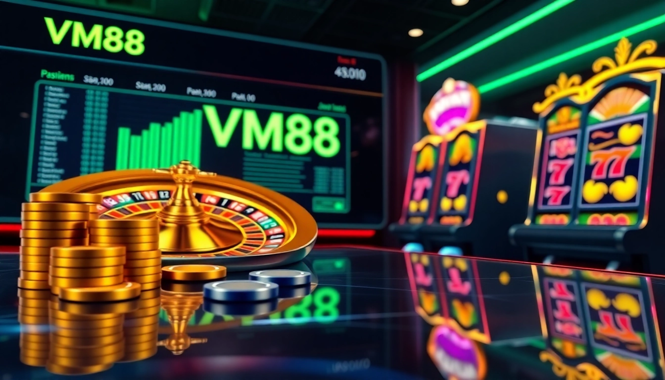 VM88 online casino interface showcasing dynamic roulette wheel and vibrant poker chips engaging players