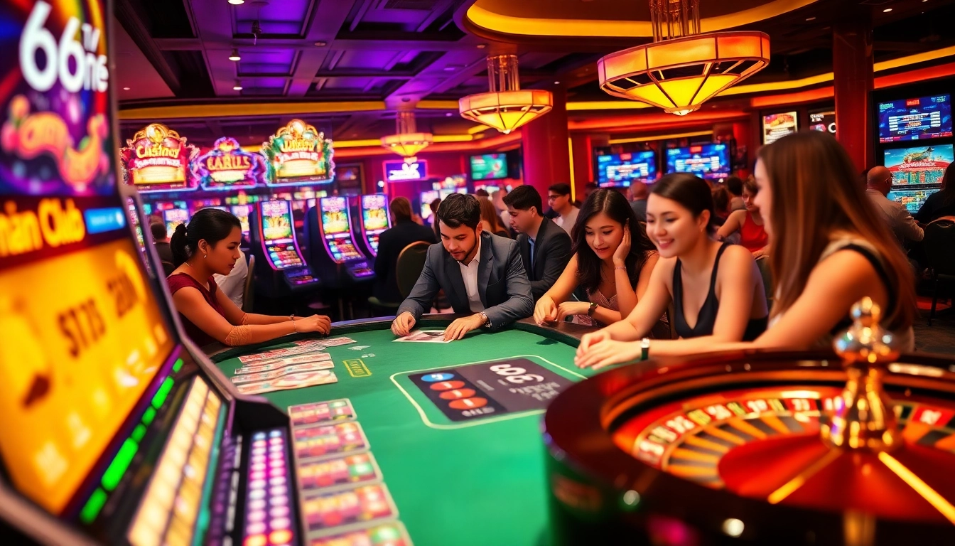 Engaging players enjoying diverse games at 66club's modern online casino with vibrant atmosphere.