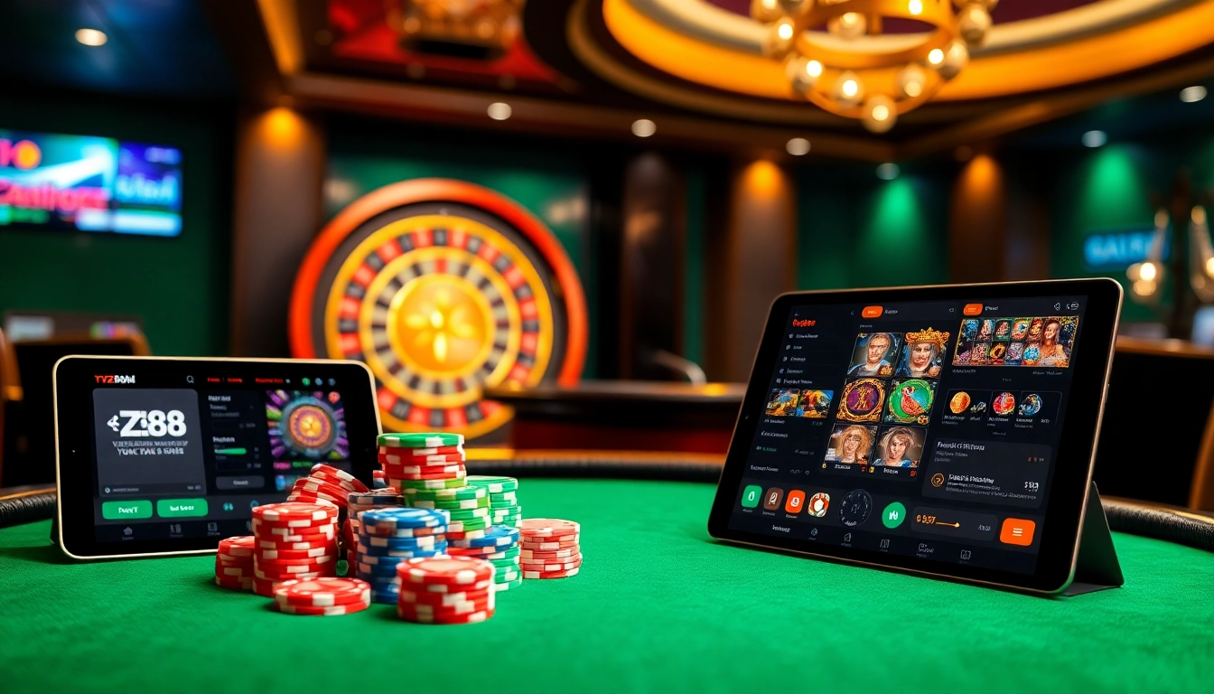 Exciting scene showing professional gamblers interacting with the hz88 app’s secure betting interface and casino games