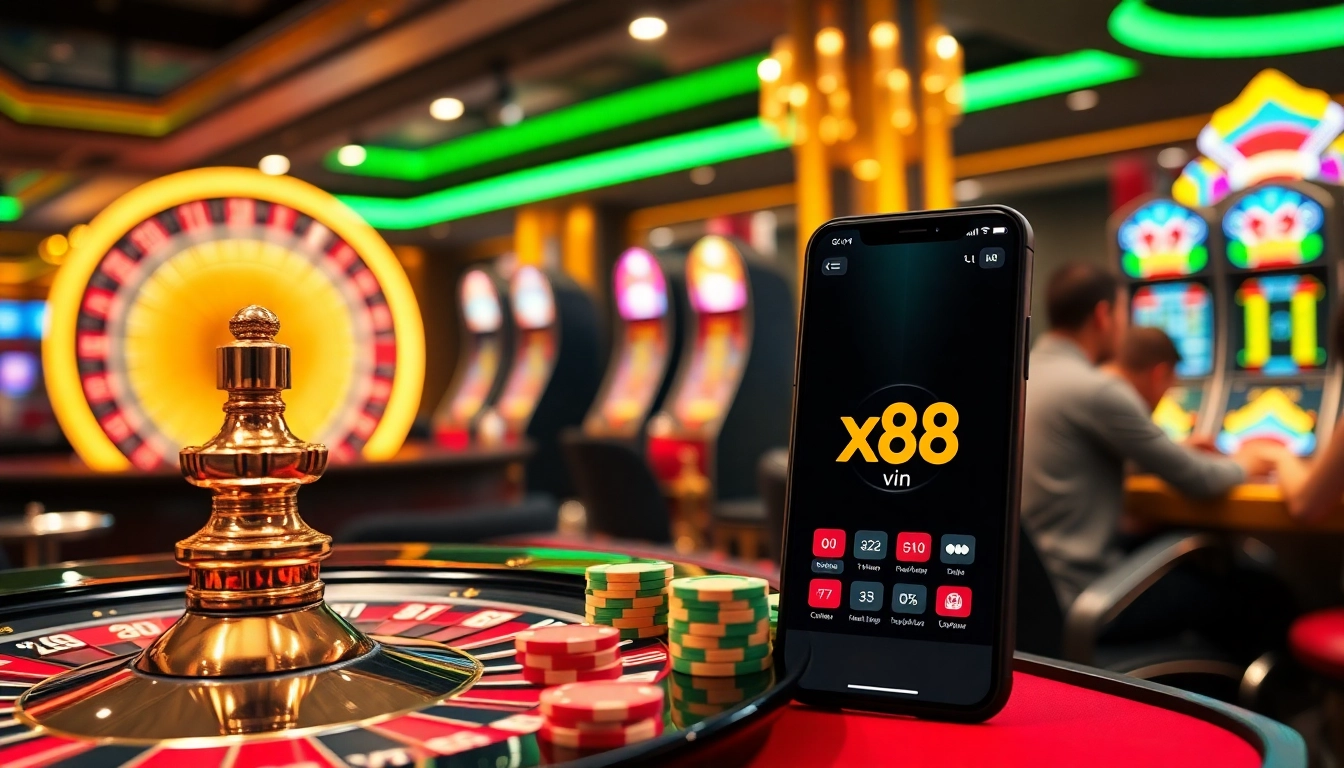 Engage with the thrilling atmosphere of xx88 vin at a luxurious casino setting filled with vibrant roulette wheels and poker chips.