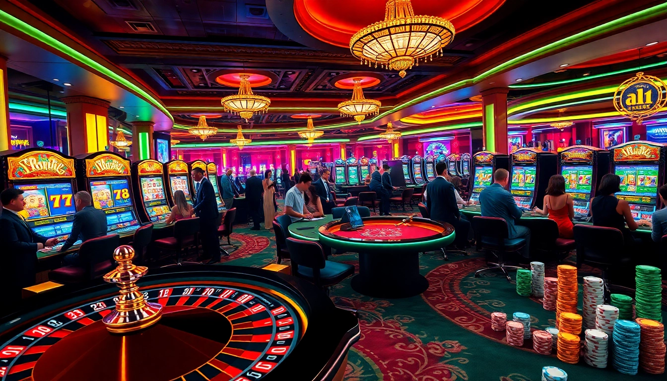 Exciting gaming atmosphere showcasing idnslot with players enjoying roulette, slots, and poker at a luxurious casino.