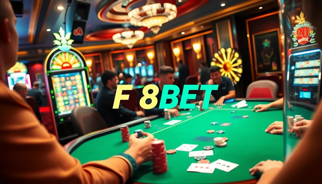 Experience thrilling gameplay at F8BET's upscale casino featuring poker tables and vibrant slot machines.