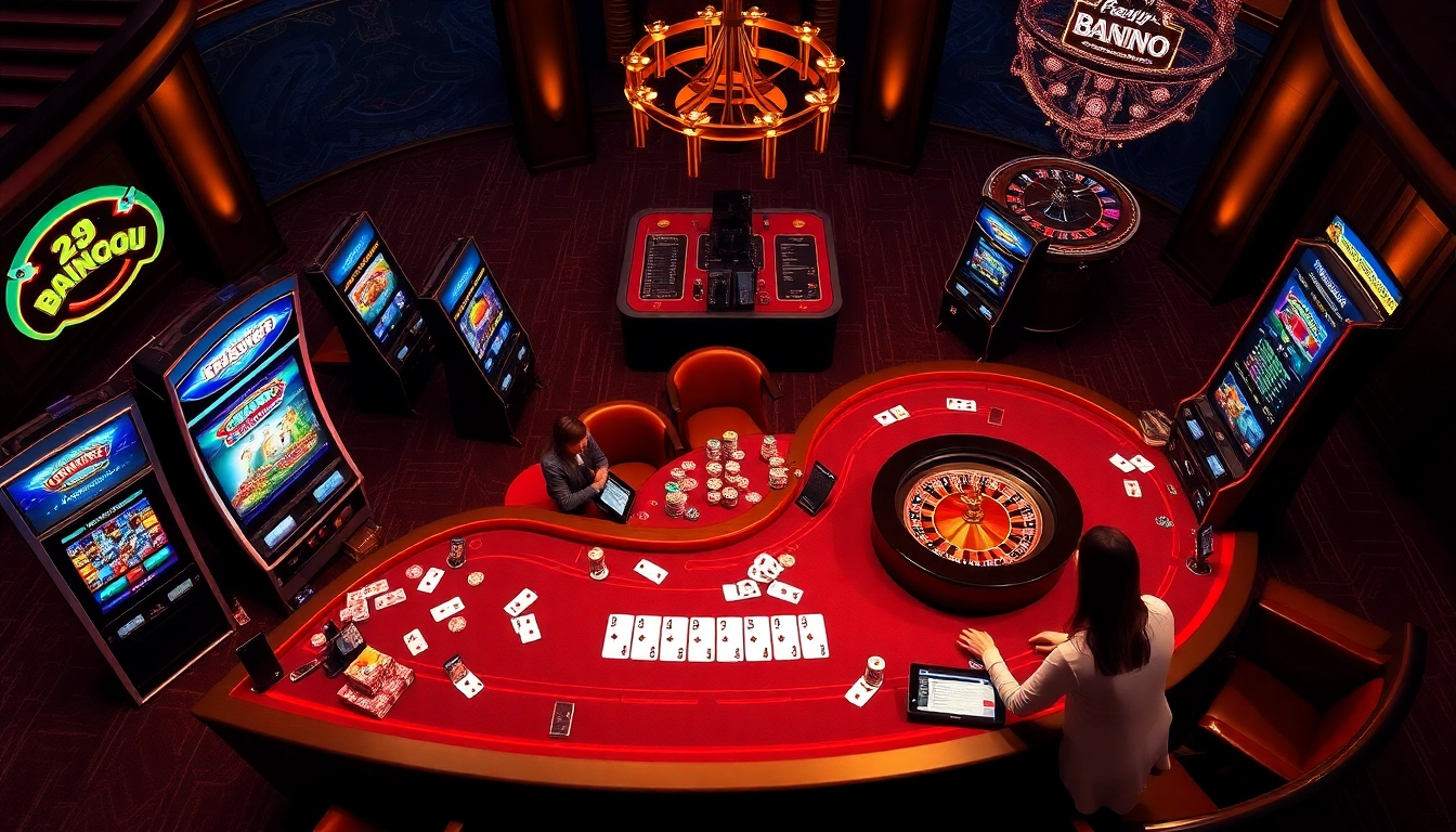 B29 online casino gaming table with vibrant slot machines, poker chips, and energetic virtual players.