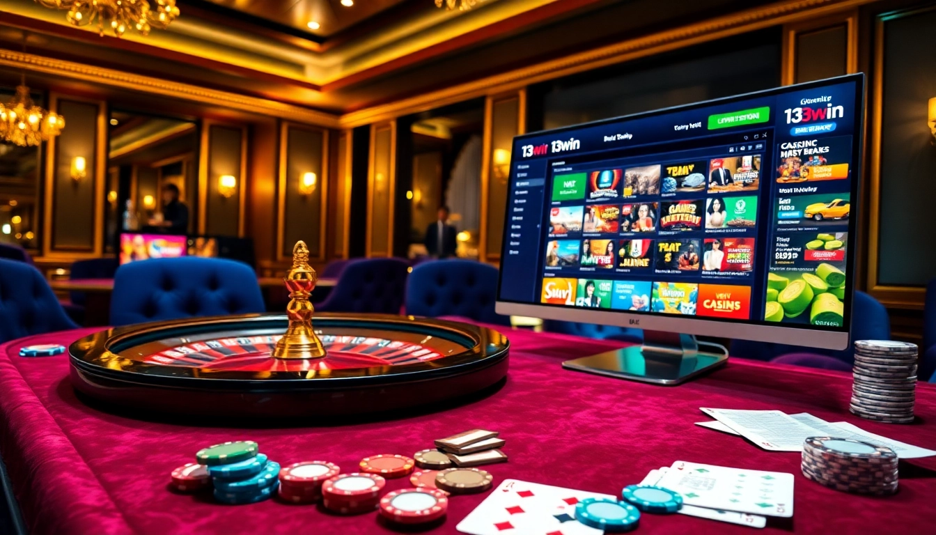Players enjoying online games with 13win casino in a vibrant casino atmosphere.