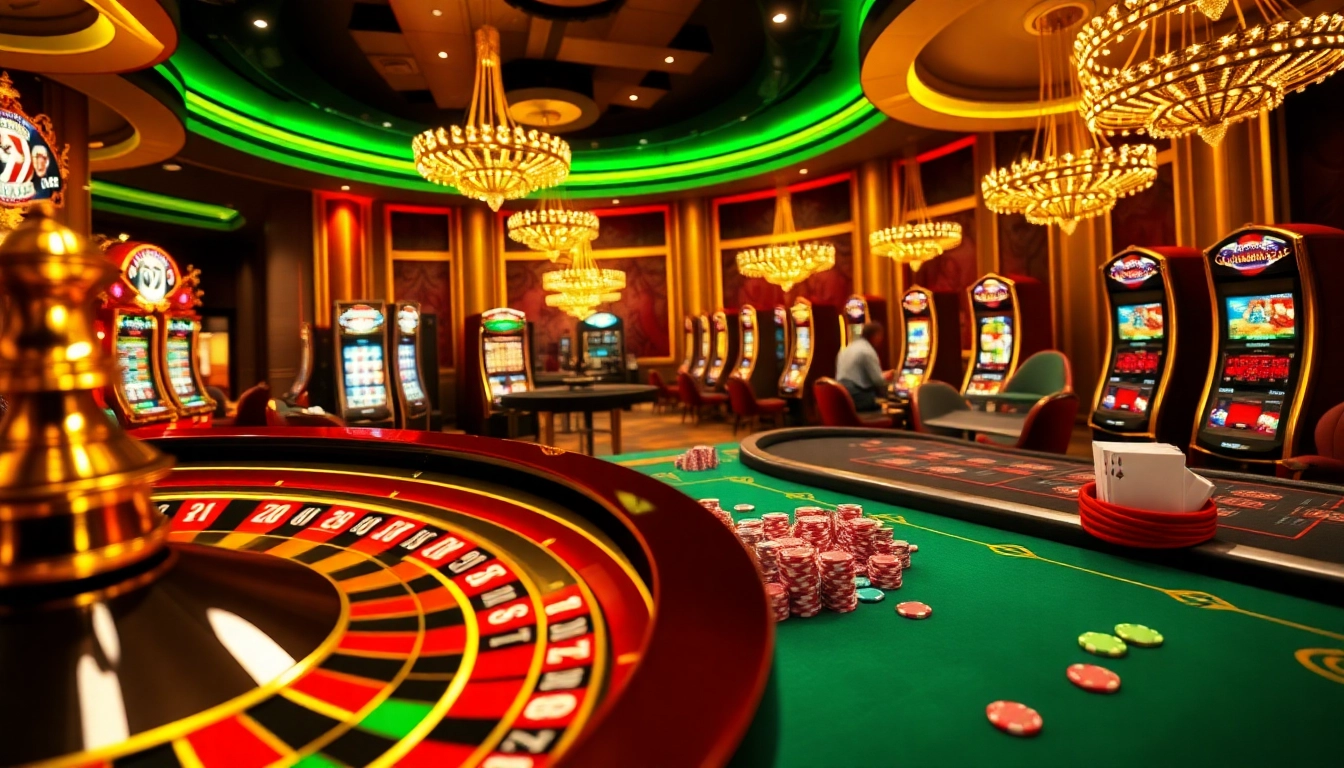 KQBD sports betting enthusiasts engaging in a luxurious casino experience with poker tables and roulette scenes.