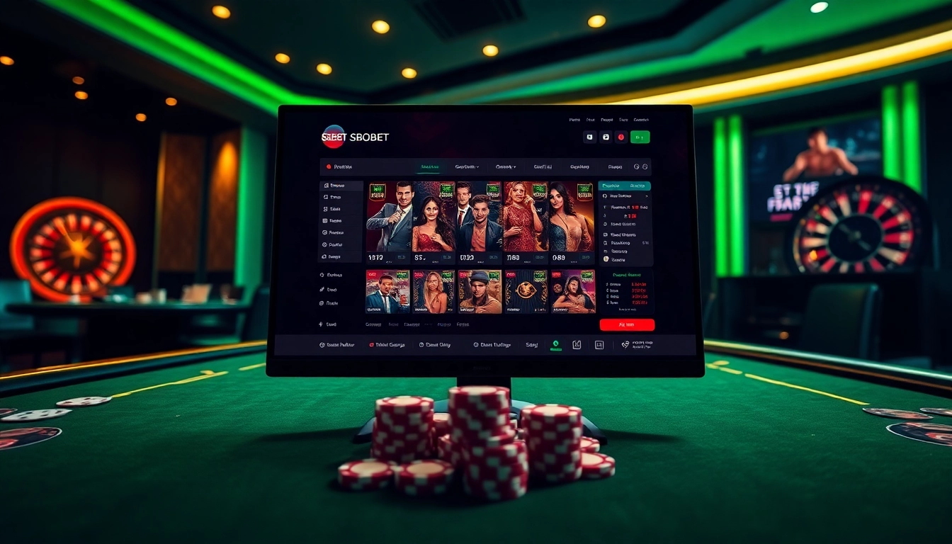 An engaging SBOBET link showcasing an exciting casino setting with vibrant poker chips and online gambling interface.