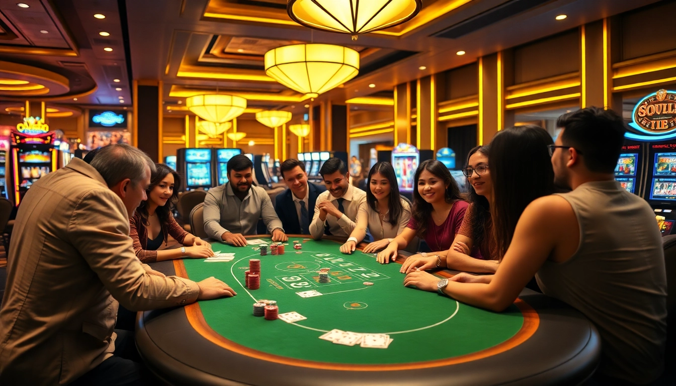 SODO66 players enjoying an upscale casino environment with poker chips and lively atmosphere.