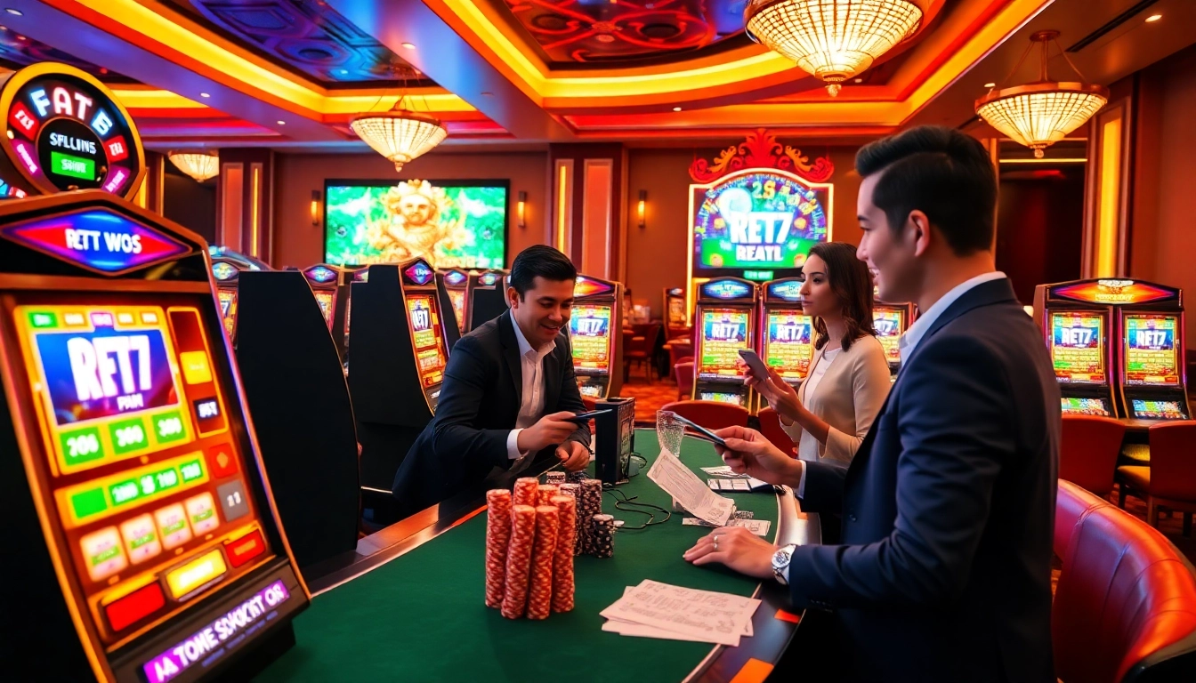 Engaging players exploring RTP Slot Live with vibrant slot machines and dynamic screens showcasing real-time RTP percentages.