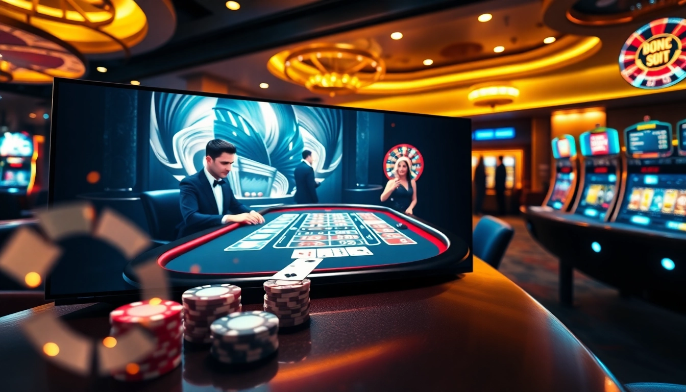 Professional gamblers engaging in strategic betting at a Nhà cái casino Online live dealer baccarat table with vibrant chips and roulette wheel