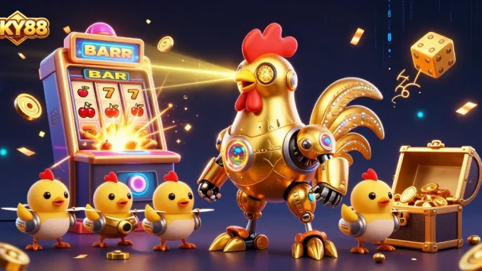 SKY88 casino-themed dynamic illustration with golden rooster robot, jackpot slots, and vibrant game elements.