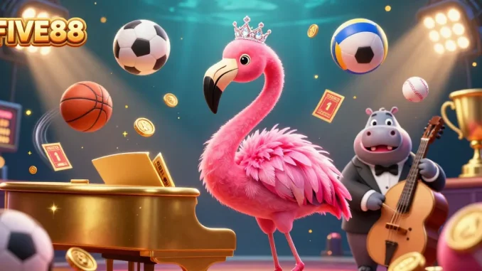 Engage with FIVE88 in a lively casino scene celebrating sports and entertainment with dazzling characters.