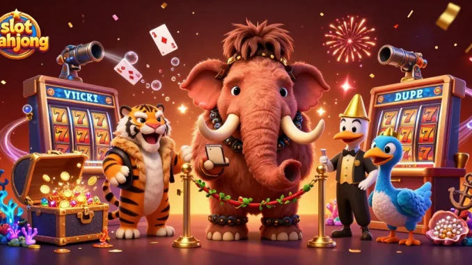Win big with slot mahjong as vibrant casino characters celebrate amidst gems and gold.