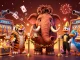 Win big with slot mahjong as vibrant casino characters celebrate amidst gems and gold.