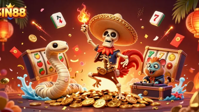 SIN88 celebrates with a mariachi rooster and friends amidst vibrant slot game elements.