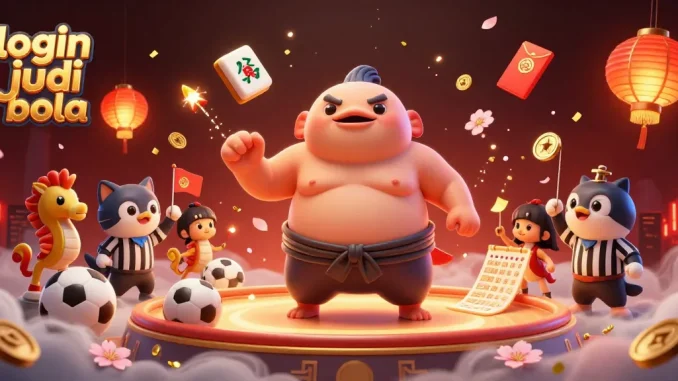 Experience login judi bola in a vibrant 3D illustration showcasing sports elements and a lively atmosphere.
